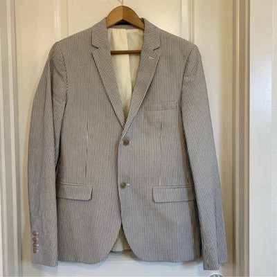 Blazer Topman listrado azul e branco 100% algodão férias de verão preppy, tamanho 38 - Imagem 1 de 4