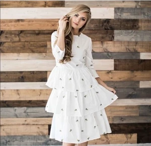 English Factory Dress Womens Small 3 Tier Ruffles White With Flowers - Picture 1 of 16