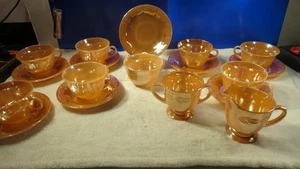 Vintage Fire King Peach Luster Laurel Leaf 8 Teacups and Saucers Creamer Sugar - Picture 1 of 8