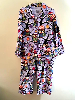 NICK & NORA Conjunto de Pijama de Franela de Algodón Púrpura Navidad Vacaciones Búhos Pantalones Top L Foto 1 de 4