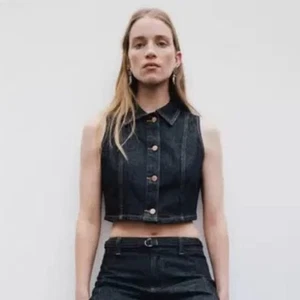 Zara Blue Denim Sleeveless Button Down Vest Top Jean Collared Collar Y2K Cotton - Picture 1 of 9