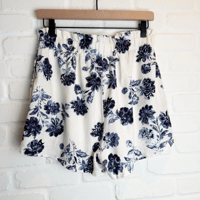 Exuberantes Pantalones Cortos Florales de Lino Cintura Alta Blanco Azul Forrado Bolsillos Cintura Elástica S Foto 1 de 4