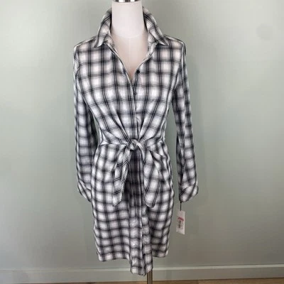 NWT Calvin Klein black/white plaid Button down shirt Mini dress size 4 - Image 1 of 4