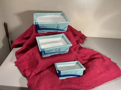 Vintage Japanese Bonsai Nesting Planters Set of 3 Blue Tones Excellent Condition - Image 1 of 4
