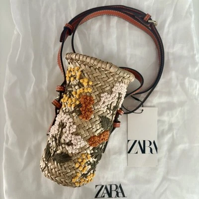 NWT ZARA Raffia Mini Bucket Bag Crossbody Straw Bag with Floral Embroidery - Image 1 of 4