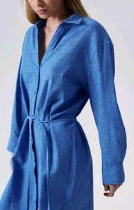 H&M Linen Blend Long Sleeve Maxi Button Down Shirt Dress Blue - Picture 1 of 11