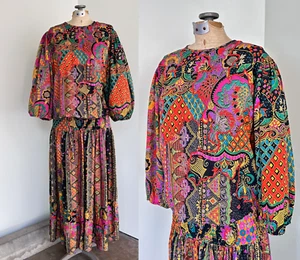 Diane Fries Silk Boho Maxi Dress Size Large Bohemian Balloon Sleeve Hippie Dress - Picture 1 of 11