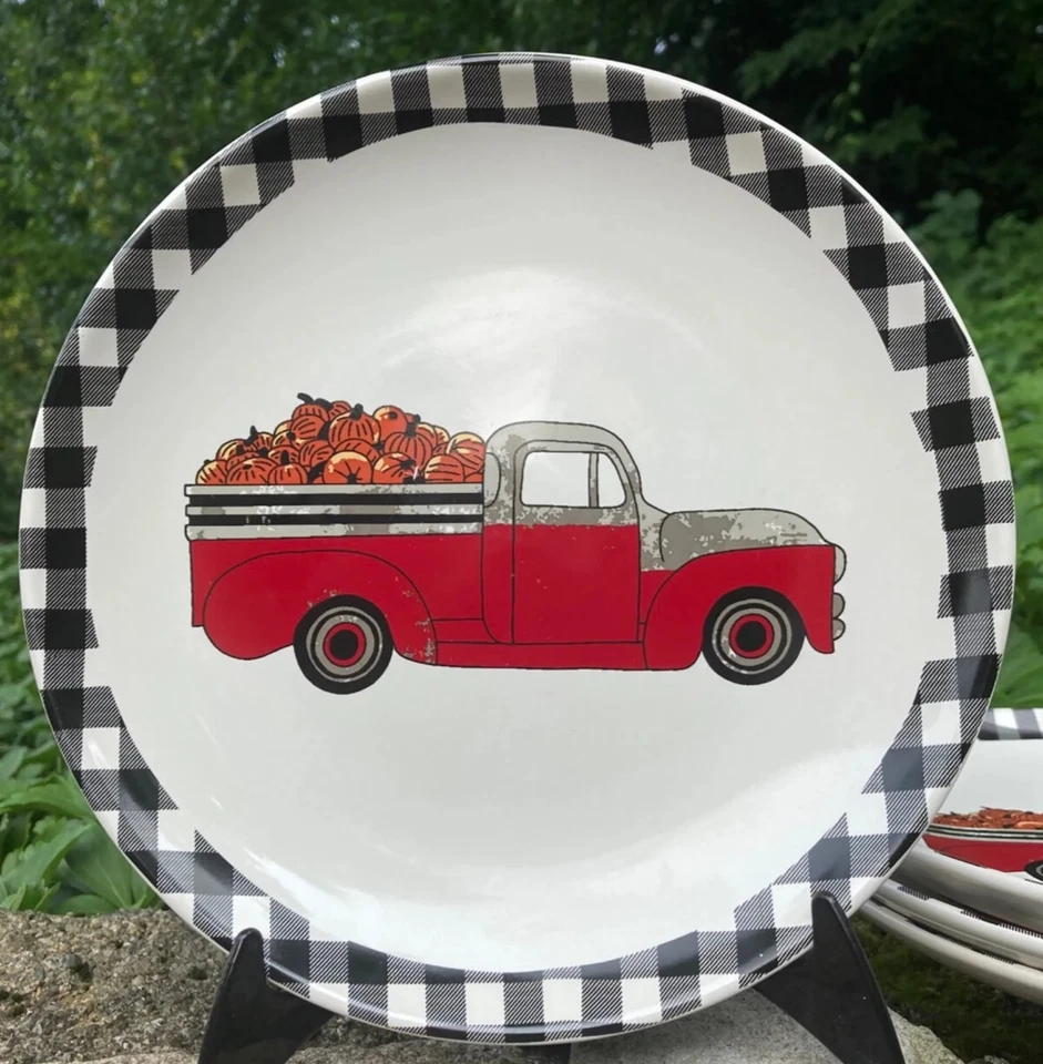 New Porcelin Salad Plate Firetruck and Pumpkins Fall Seasonal Decorations  AA389 - Image 1 of 1