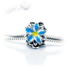 Blue & Yellow Frangipani Flower 925 Sterling Silver Charm for Bracelet, Pendant - Picture 1 of 12