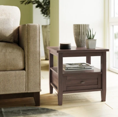 Solid Wood Rectangle End Side Table Warm Brown Color Transitional Home 20 inch - Image 1 of 4
