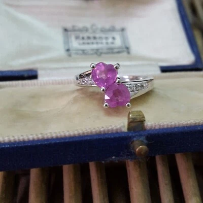 925 Sterling Silver Ring, Natural Pink Sapphire Heart Ring, Size P.5 US 7.75  - Image 1 of 4