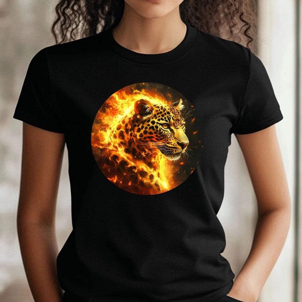 Frauen T-Shirt Leopard in Flammen Motiv Baumwolle Größe S bis 3XL - Bild 1 von 1