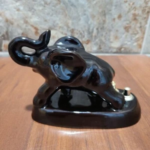 Vintage Black Brown Ceramic Elephant Raised Trunk Figurine Home Office Decor - Picture 1 of 13