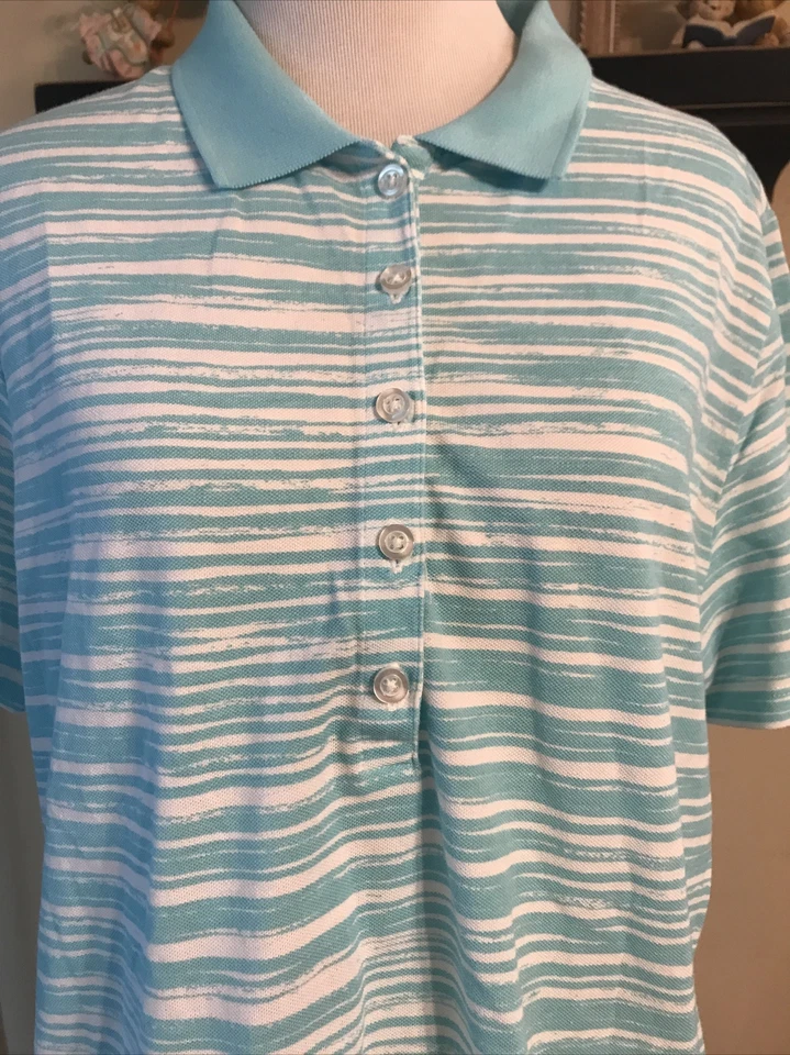 NWOT Kim Rogers Women's Polo Shirt Turquoise & White Stripe Size LARGE - Image 1 of 4