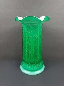 Fenton Emerald Green Overlay 10.75" Pillar Vase Embossed Flowers Mint Condition - Picture 1 of 12