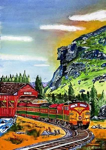 MT WASHINGTON VALLEY TRAIN art print Old Man of the Mountain White Mountains NH - Picture 1 of 2
