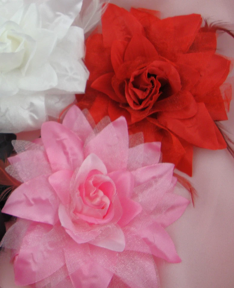 PINK OR RED 6" SILK & ORGANZA LILY LEAF & FEATHER BROOCH/CORSAGE OR HAIR CLIP - Image 1 of 1