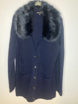 Cárdigan suéter para mujer Banana Republic extraíble cuello de piel sintética grande-azul marino Foto 1 de 4