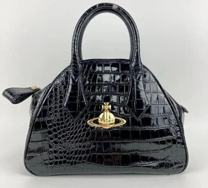 Vivienne Westwood Crocodile Embossed Enamel Hand bag Black Gold Hardware - Picture 1 of 16