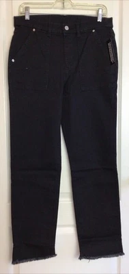 Denim and Co. black easy stretch pull on frayed hem jeans W pockets 12 - Image 1 of 4