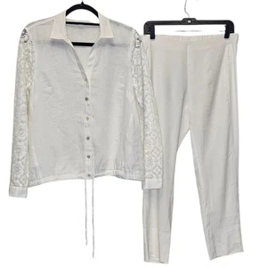 J.Jill Love Linen Set XS White Top and Pants Lounge Wear Crochet Sleeve - Picture 1 of 12