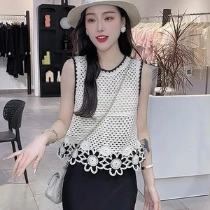 Summer Retro Flower Hollow Embroidered Round Neck Loose Knitted Vest For Women - Picture 1 of 13