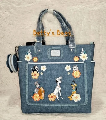 Loungefly Disney Dogs & Cats Floral  Denim Convertible Tote Bag w/Coin Bag - Image 1 of 4