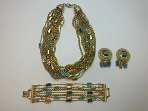 Vintage Handarbeit Choker Halskette Armband Clip Ohrringe goldfarben, mehrfarbig Emaille - Bild 1 von 9