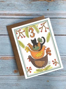 12 días de Navidad, estilo gato, tres gallinas francesas, tarjeta #1067 - Imagen 1 de 2