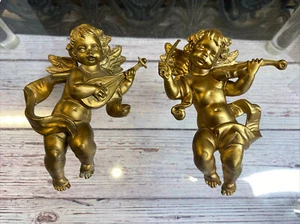 2 Depose Italy gold cherub angel ornaments playing Mandolin Violin 1965 1966 - Picture 1 of 8