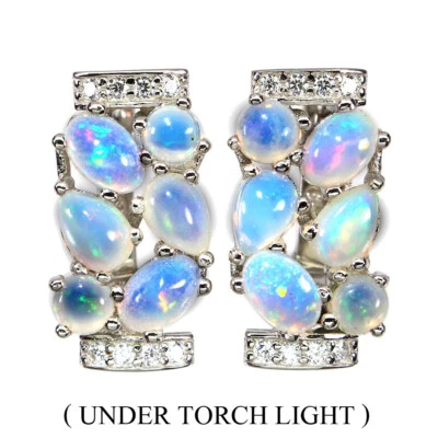 925 Sterling Silver Unheated Oval Fire Opal Rainbow 6x4mm Simulated Cz Earrings - Image 1 of 4