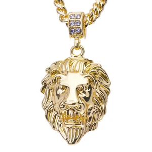 Lion Head Pendant Gold Silver Plated 24 inch Cuban Chain Necklace CP 1084 - Picture 1 of 6