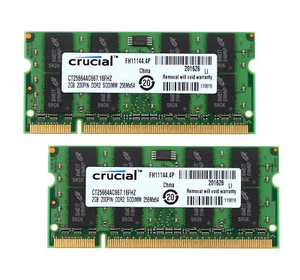 Notebook Arbeitsspeicher 4GB Crucial 2x 2GB DDR2 667 Mhz RAM SO DIMM PC2-5300S - Bild 1 von 9