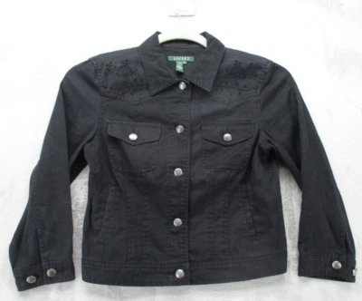Chaqueta vaquera Lauren Ralph Lauren para mujer mediana negra floral acento con desplazamiento hacia atrás Foto 1 de 4