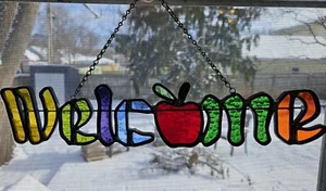 Stained Glass Hanging Welcome Sign Rainbow Apple Classroom Teacher Pride LGBTQ+ - Picture 1 of 9