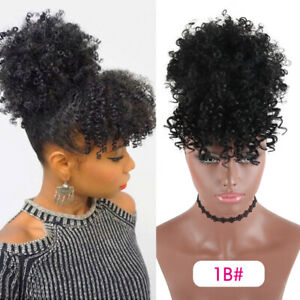 Afro Kinky Curly Ponytail w/ Bangs Synthetic High Puff Drawstring Hair Extension