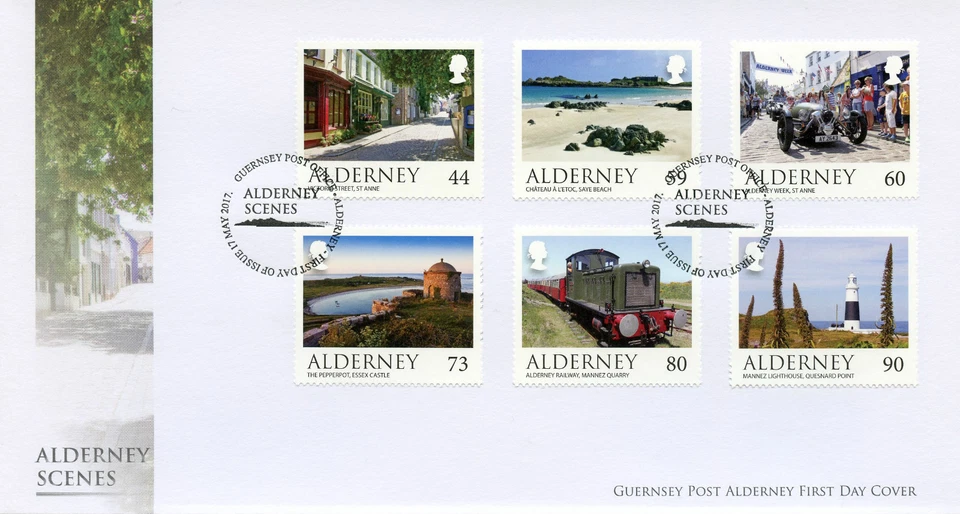 Alderney 2017 FDC Scenes Castles Lighthouses Trains Cars 6v Cover Tourism Stamps - Image 1 of 1