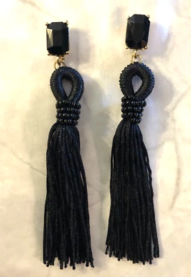 Fashion Statement Earrings Gold Tone Black Tassel Jewel Evening Long 4.25" 5990 - Image 1 of 4