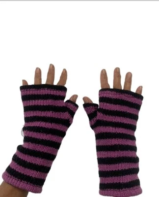 Hand Knitted Lined Wool Wrist Warmers Pink Striped Fingerless Gloves Mittens - Image 1 of 4