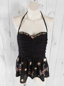 NUEVO CON ETIQUETAS Free People Sweet Safari Azul Marino Oscuro Rayas Bordado Peplum Halter Top - L - Imagen 1 de 11