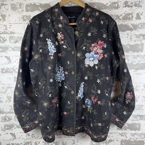 Denim & Co schwarze Jeansjacke Gr. XL Blumen bestickt Schmetterling Taschen gefüttert - Bild 1 von 14