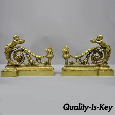 Antique Pair of Bronze French Louis XV Cherub Angel Chenets Fireplace Andirons Cover