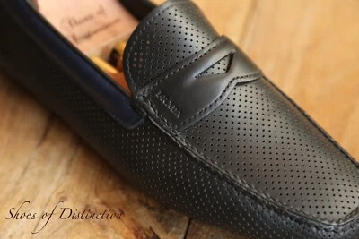 Zapatos mocasines de cuero negro azul perforados Prada para hombre Reino Unido 8,5 EE. UU. 9,5 Foto 1 de 4
