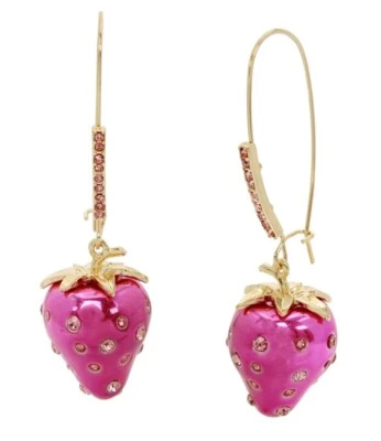 Betsey Johnson Gold Tone Metallic Pink Fuchsia Strawberry Drop Earrings Crystal - Image 1 of 3