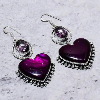 Natural Purple Labradorite, Amethyst 925 Sterling Silver Earring 2.76" Gift S579 - Image 1 of 4