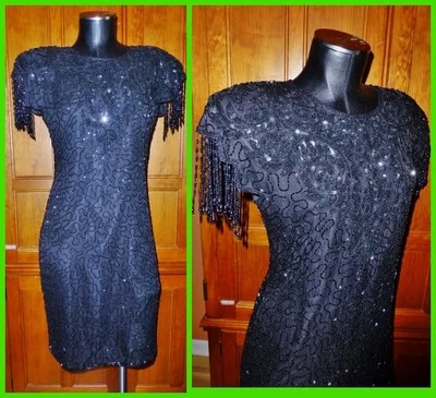 Винтажный 80-х арт-деко шелк блестки бусина бахрома вышитый черный коктейльное платье для официальных приемов - Изображение 1 из 4