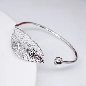 Sweet Fashion Elegant 925 Sterling Silver Leaves Bracelet Opening Cuff Bangle - Photo 1/9
