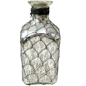 Vintage Quecksilber Glas Flasche Vase Drahtgeflecht umwickelt Bauernhaus Landhaus Quadrat 7" - Bild 1 von 8