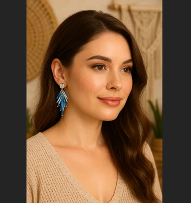 J. Jill Beaded Earrings Blue Layered Fringe Hammered Post Drop Dangle Party NWT - Image 1 of 4