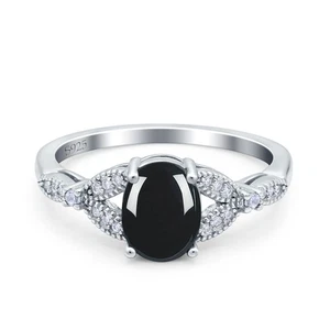 Ovaler natürlicher schwarzer Onyx Blatt Design Perlen Verlobungsring 925 Sterlingsilber - Bild 1 von 24